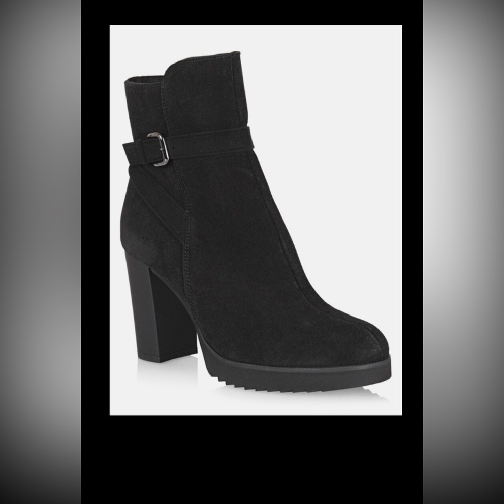 La Canadienne Meadow Waterproof Black Suede Platform Booties Block Heel Size 8.5
